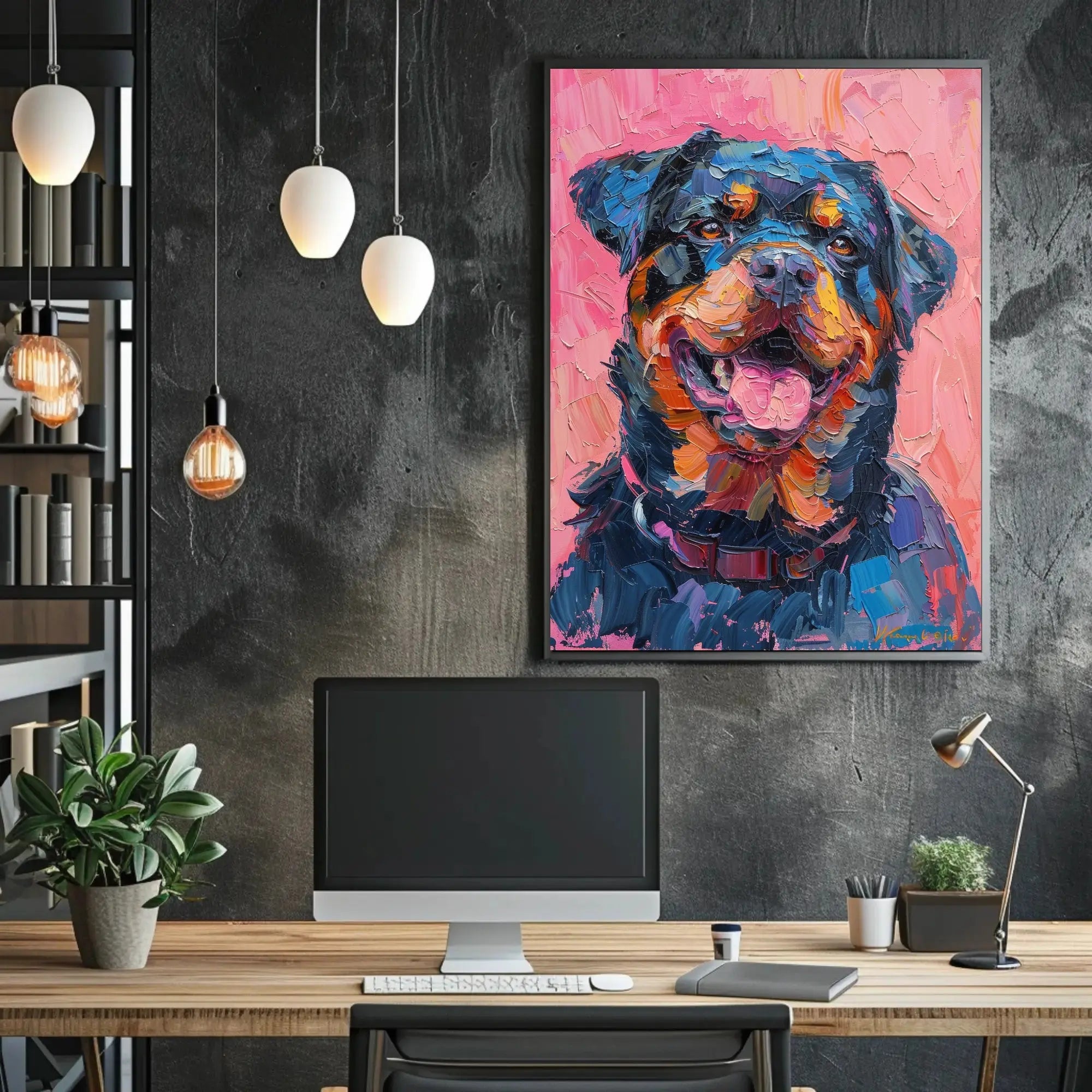 Playful Rottweiler Portrait in Vibrant Colors Animal Poster PosterGoat