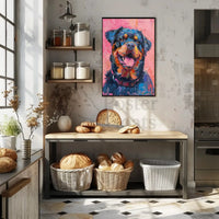 Playful Rottweiler Portrait in Vibrant Colors Animal Poster PosterGoat
