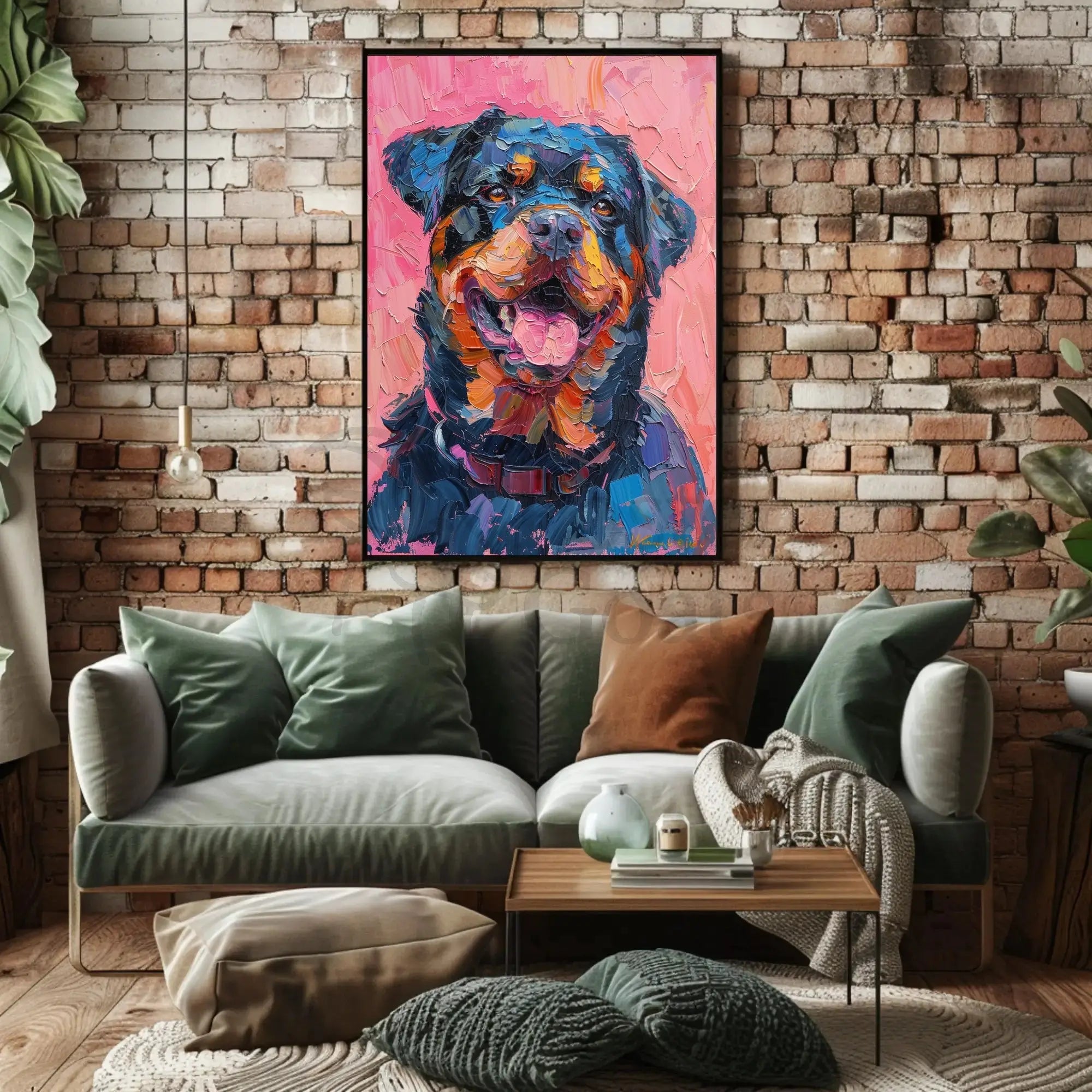 Playful Rottweiler Portrait in Vibrant Colors Animal Poster PosterGoat