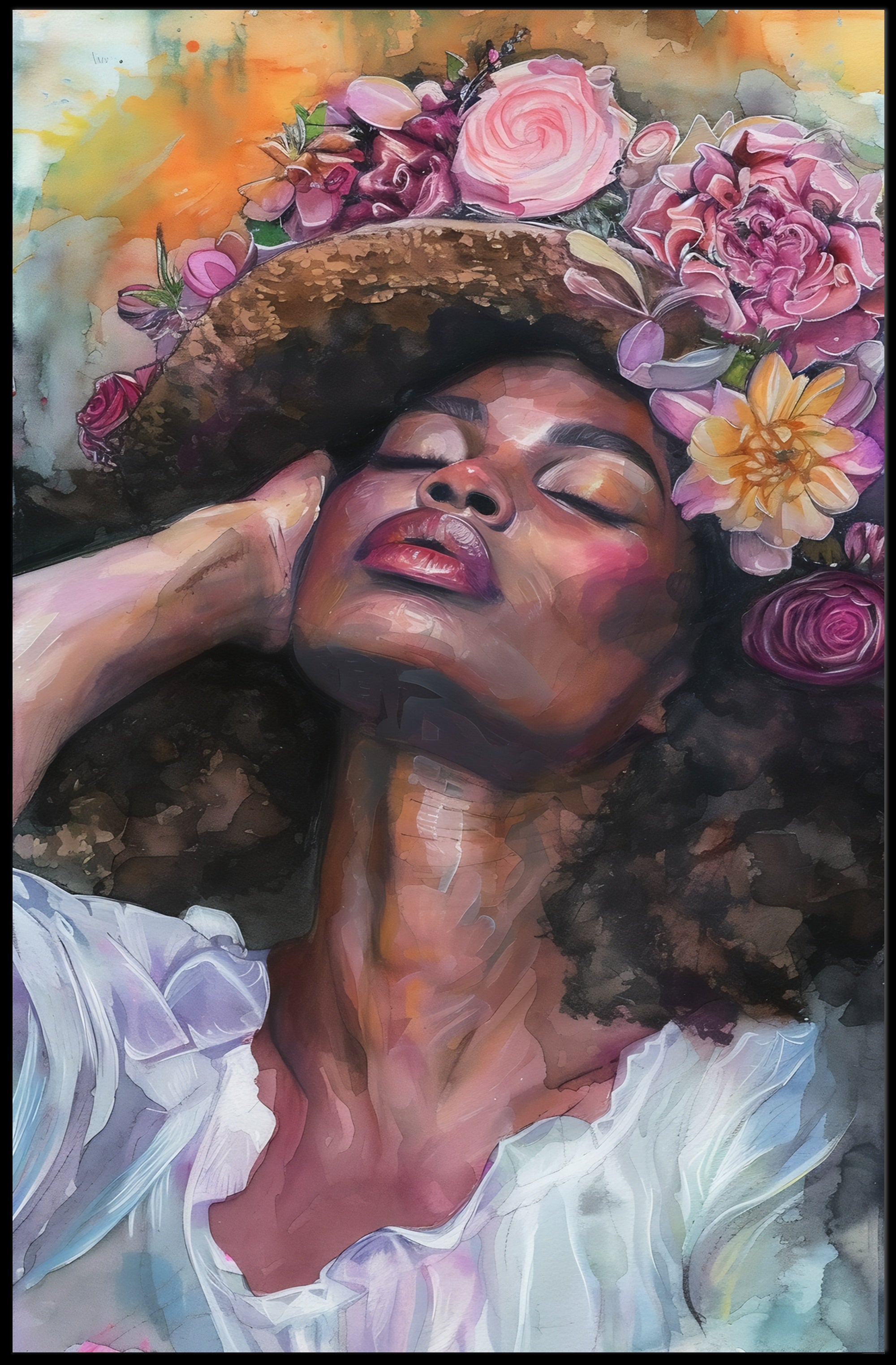Portrait of Woman with Floral Headdress: Abstract or Artistic Poster PosterGoat
