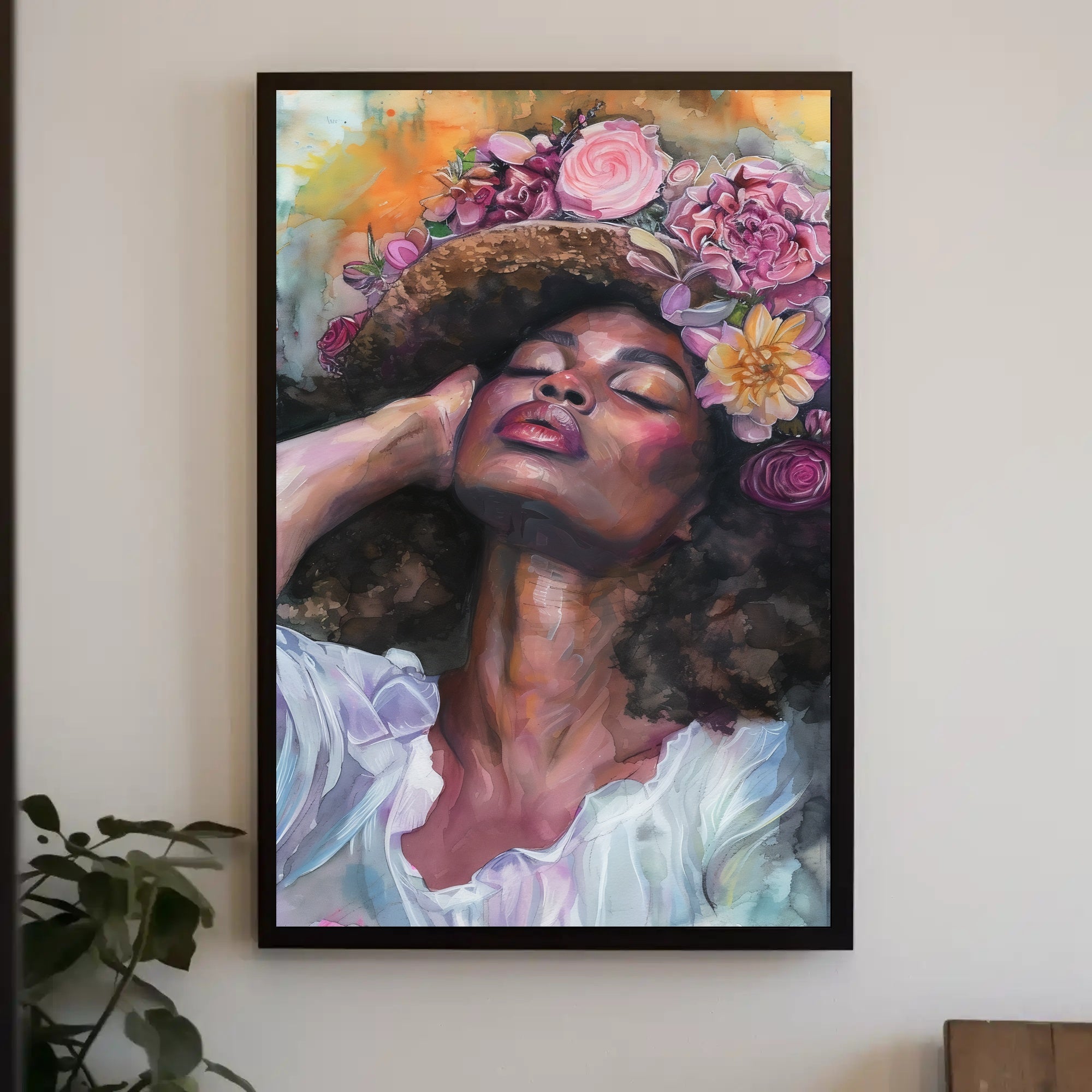 Portrait of Woman with Floral Headdress: Abstract or Artistic Poster PosterGoat