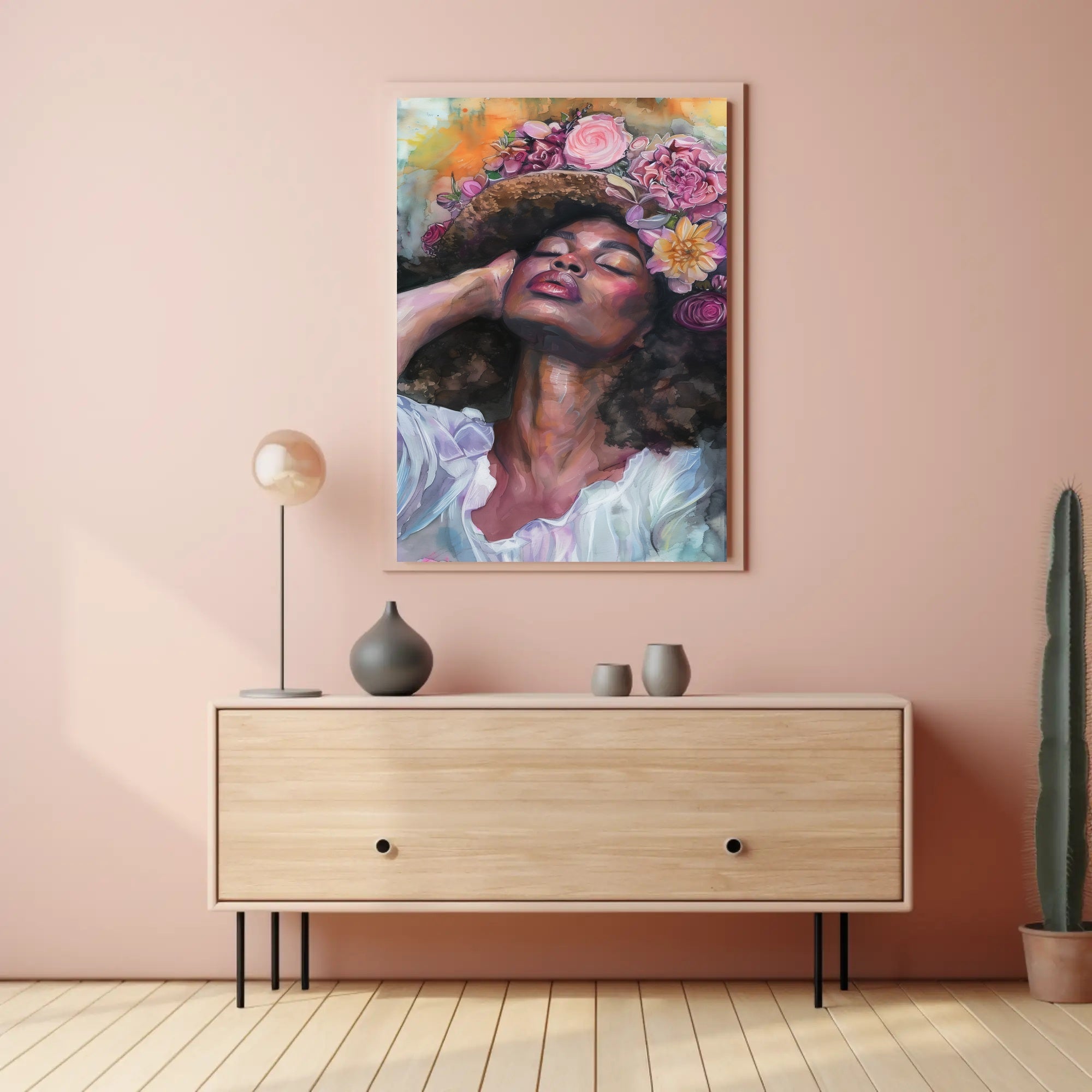 Portrait of Woman with Floral Headdress: Abstract or Artistic Poster PosterGoat