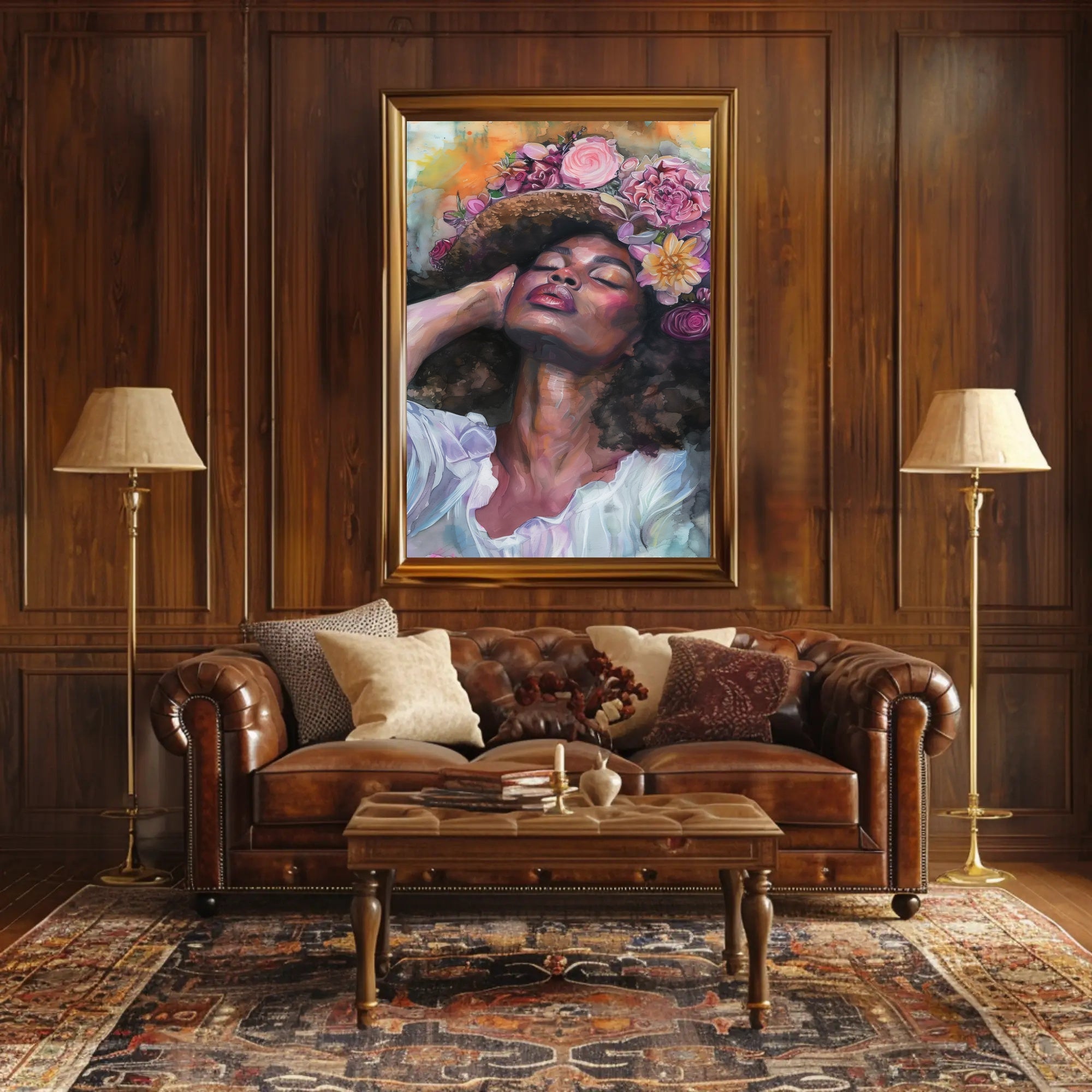 Portrait of Woman with Floral Headdress: Abstract or Artistic Poster PosterGoat