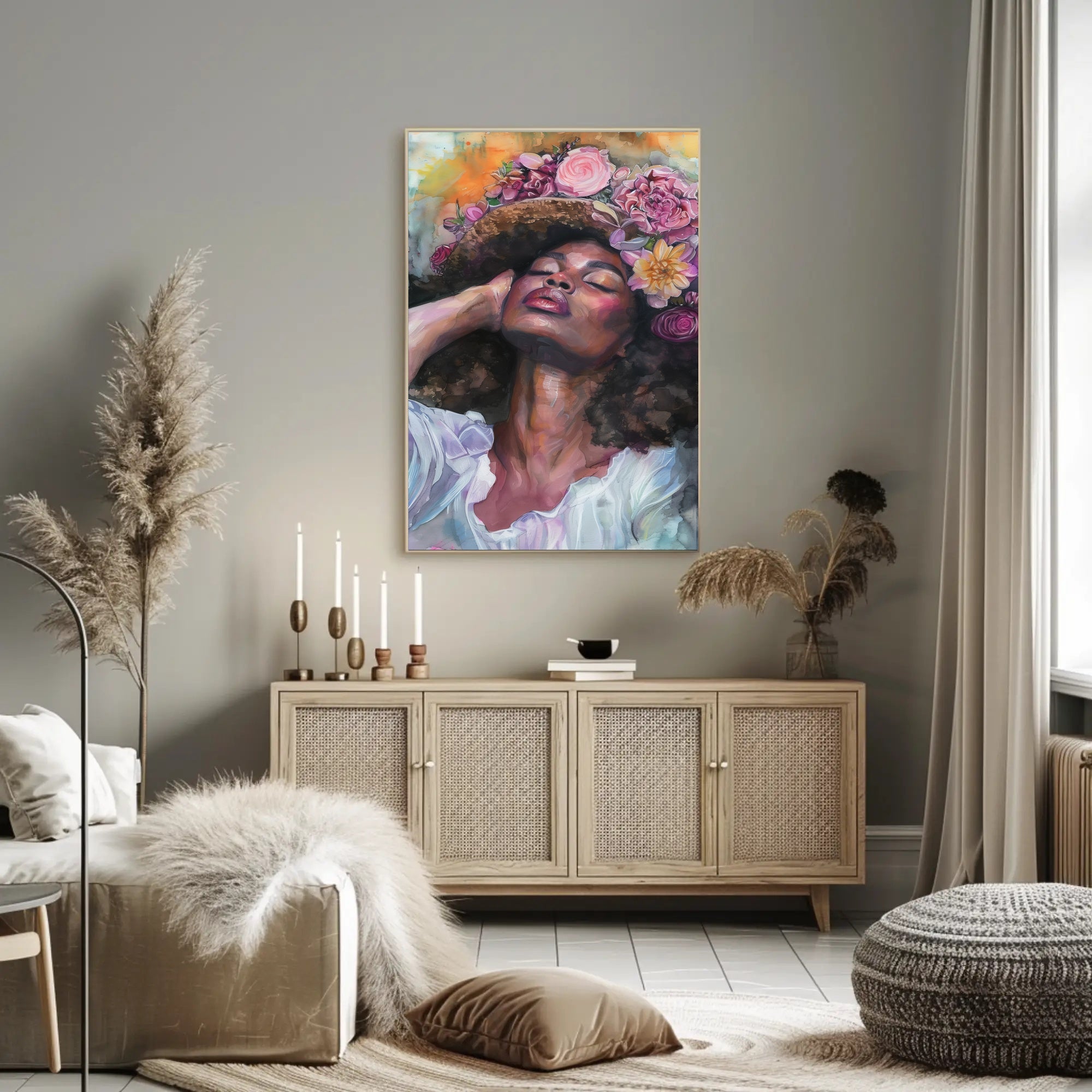 Portrait of Woman with Floral Headdress: Abstract or Artistic Poster PosterGoat
