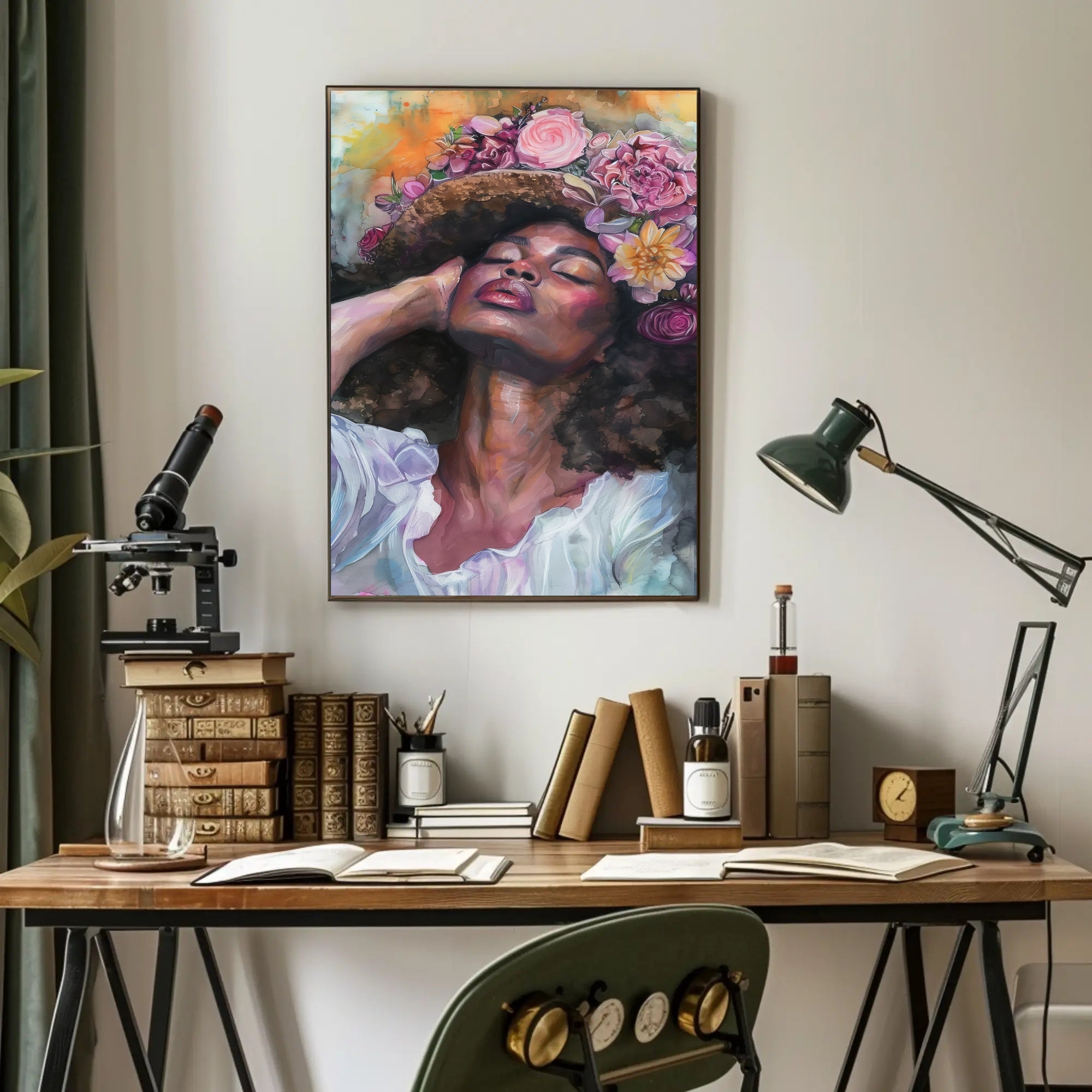 Portrait of Woman with Floral Headdress: Abstract or Artistic Poster PosterGoat