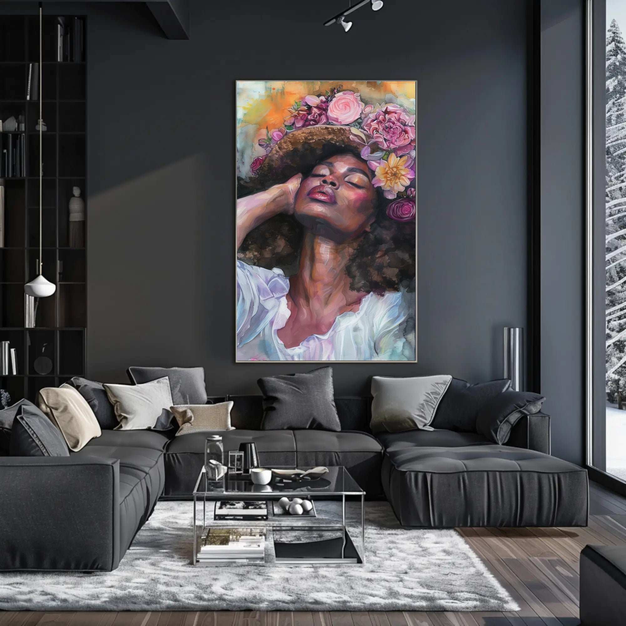 Portrait of Woman with Floral Headdress: Abstract or Artistic Poster PosterGoat