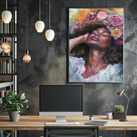 Portrait of Woman with Floral Headdress: Abstract or Artistic Poster PosterGoat