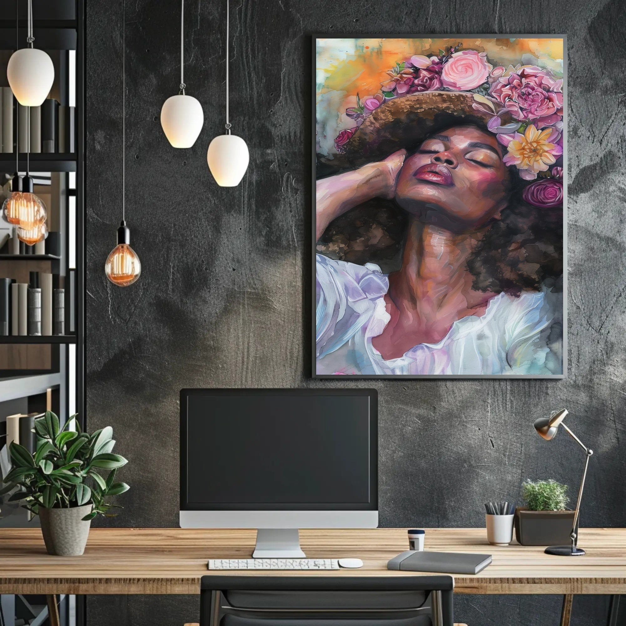 Portrait of Woman with Floral Headdress: Abstract or Artistic Poster PosterGoat