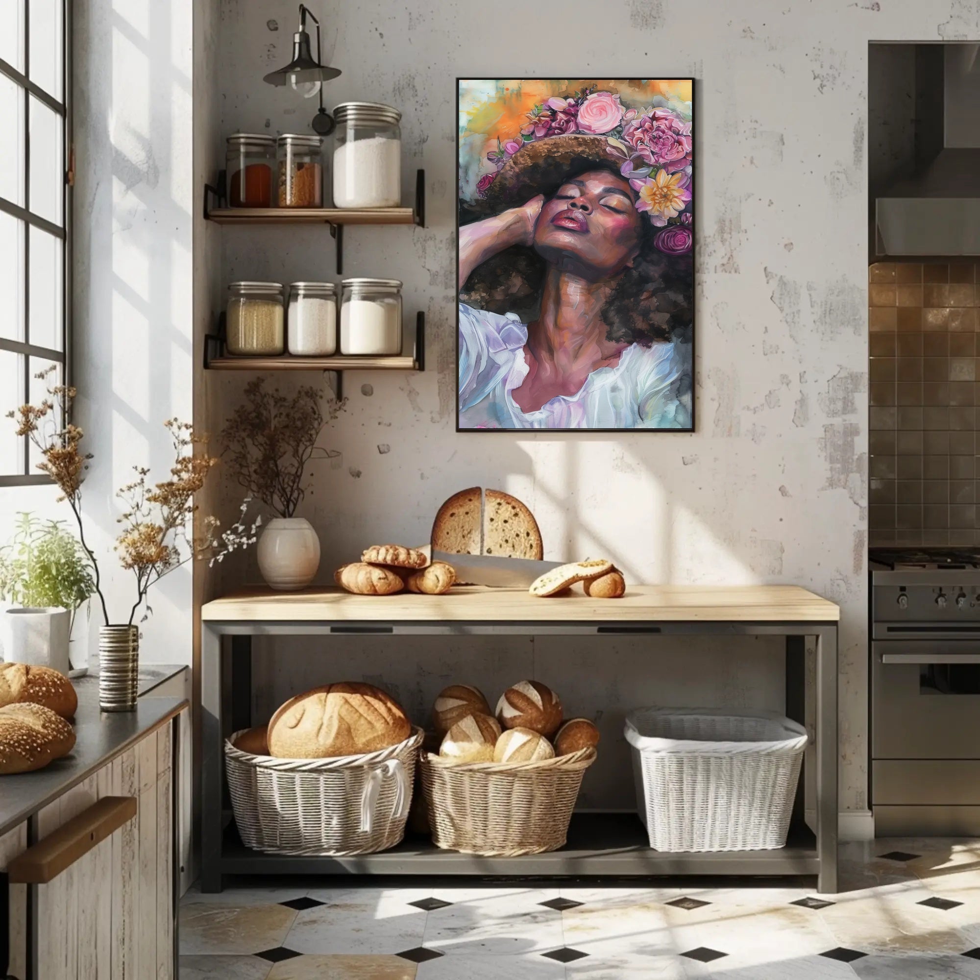 Portrait of Woman with Floral Headdress: Abstract or Artistic Poster PosterGoat