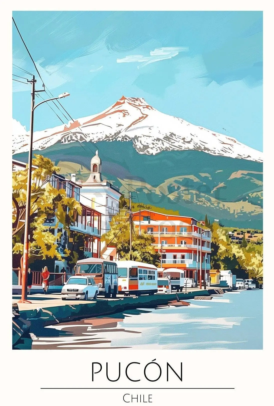 Pucón Chile Travel Poster Art Print with Villarrica Volcano PosterGoat