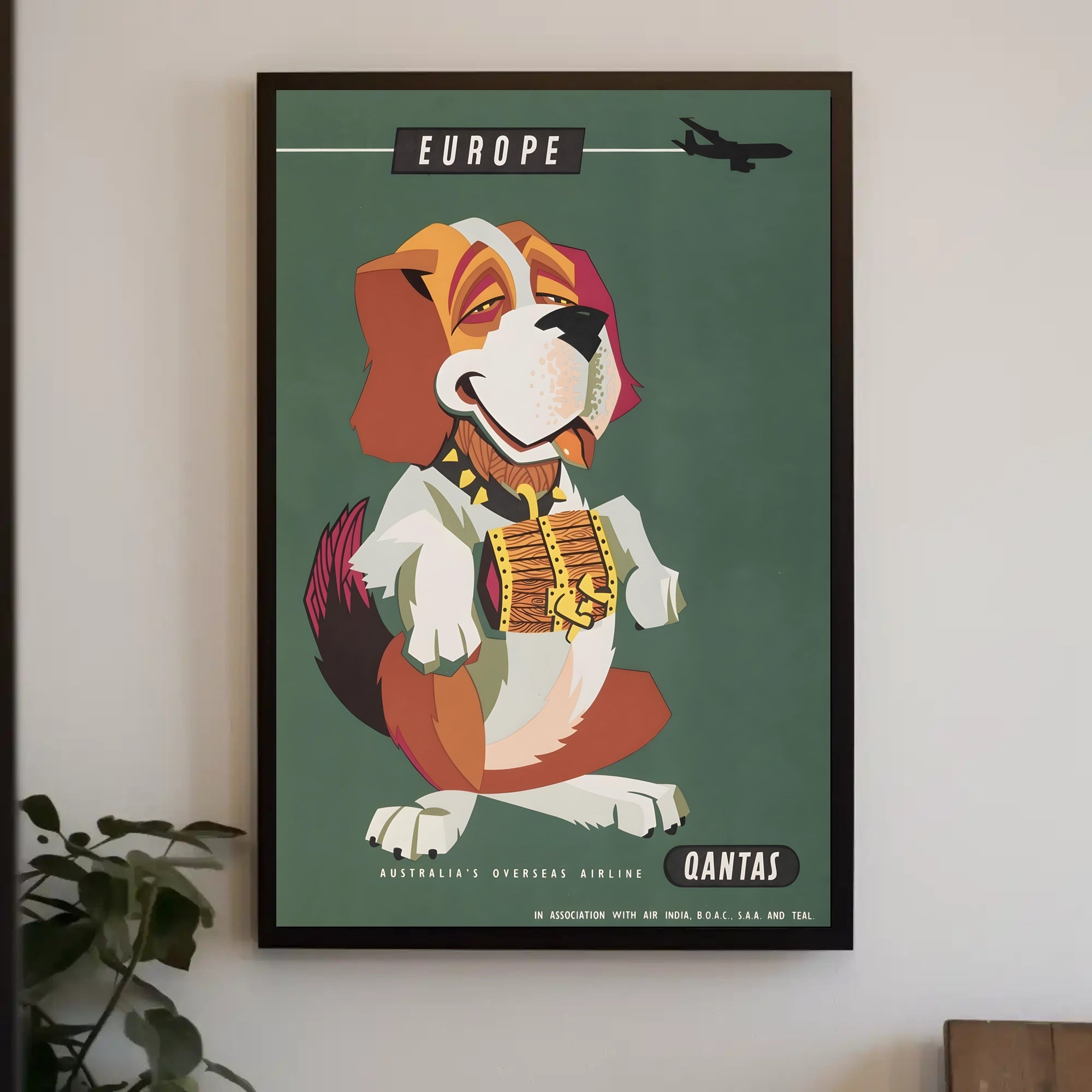 Qantas Europe Travel Poster with Mid-Century St. Bernard Design PosterGoat