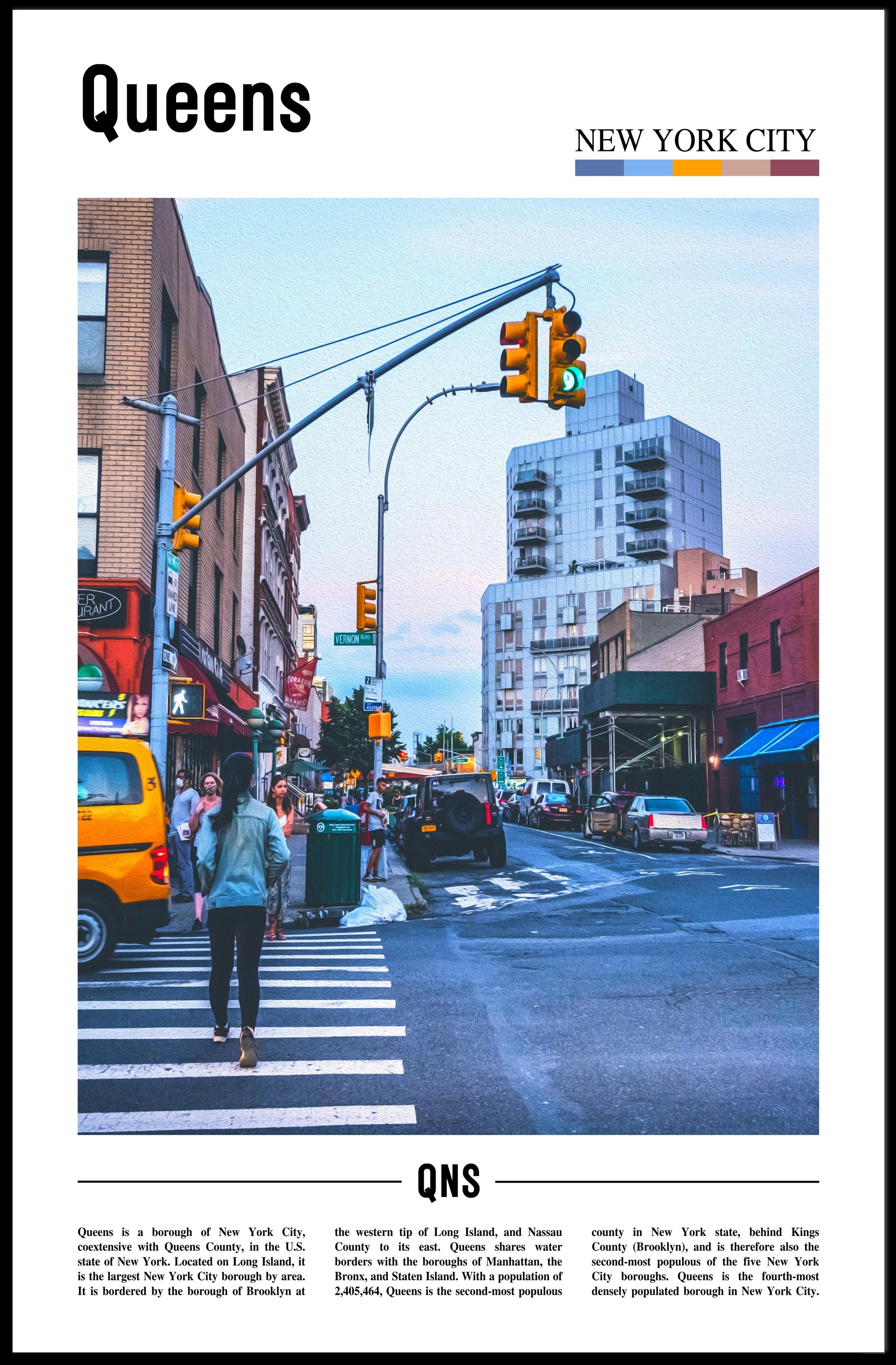Queens Urban Street Scene: Vibrant City Life Travel Poster PosterGoat