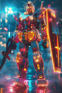 RX-78-2 Mech in Cyberpunk City Futuristic Sci-Fi Poster PosterGoat