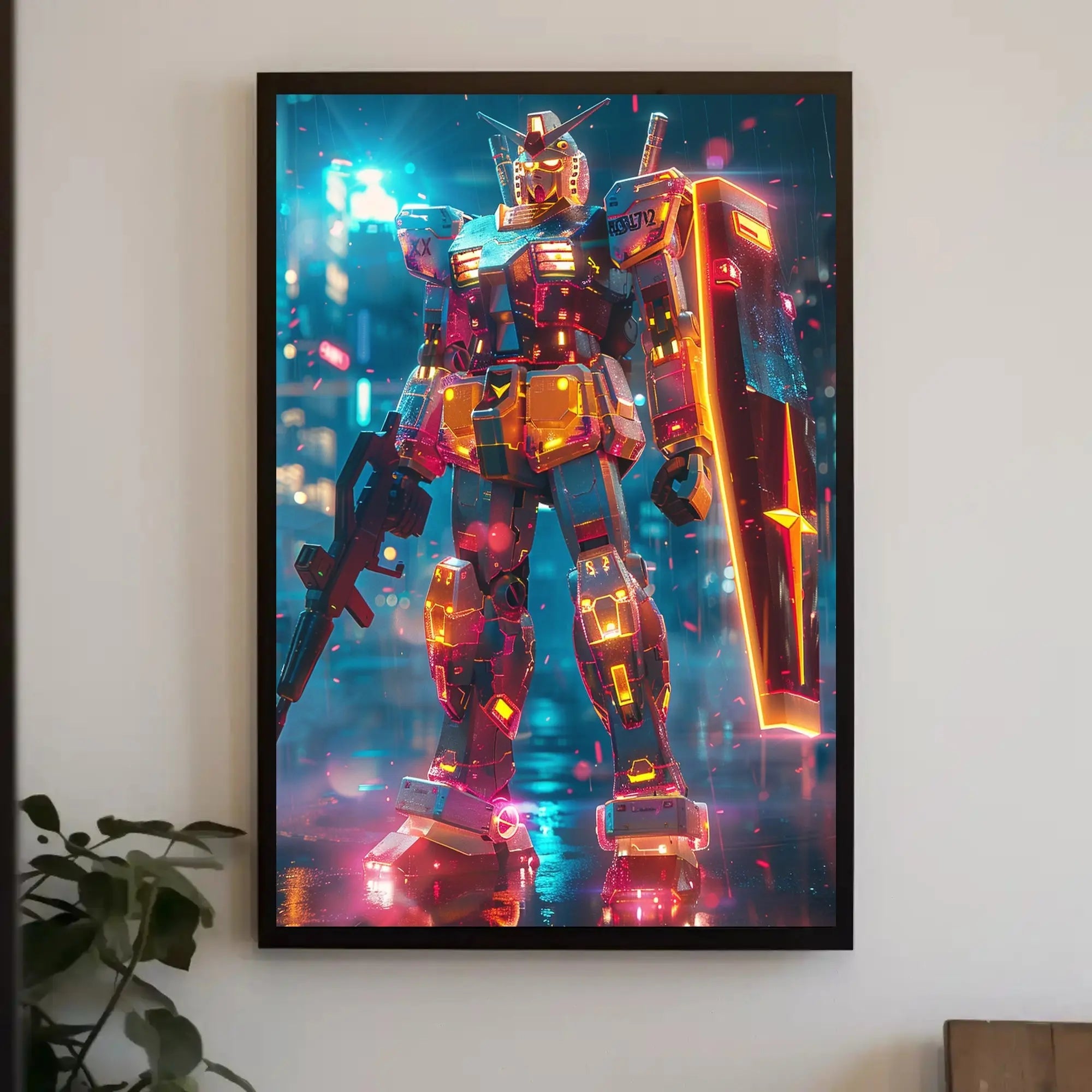 RX-78-2 Mech in Cyberpunk City Futuristic Sci-Fi Poster PosterGoat