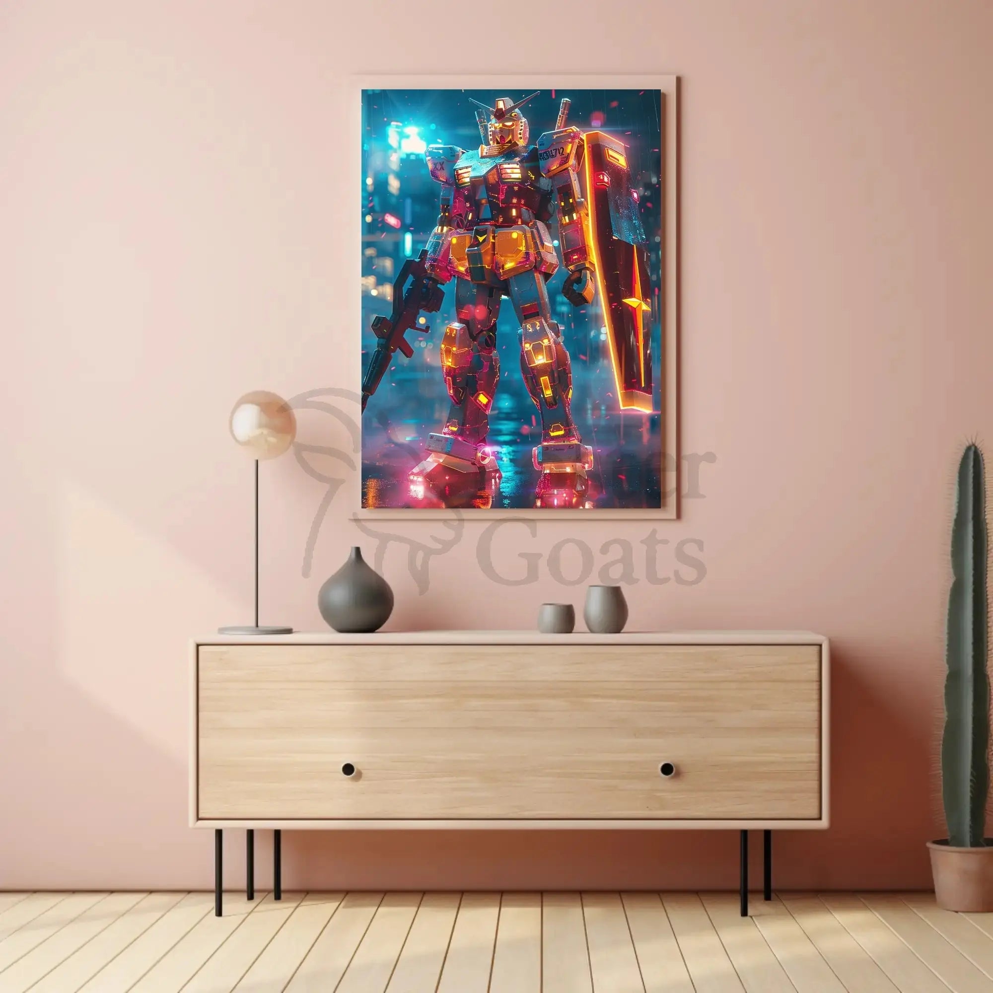 RX-78-2 Mech in Cyberpunk City Futuristic Sci-Fi Poster PosterGoat