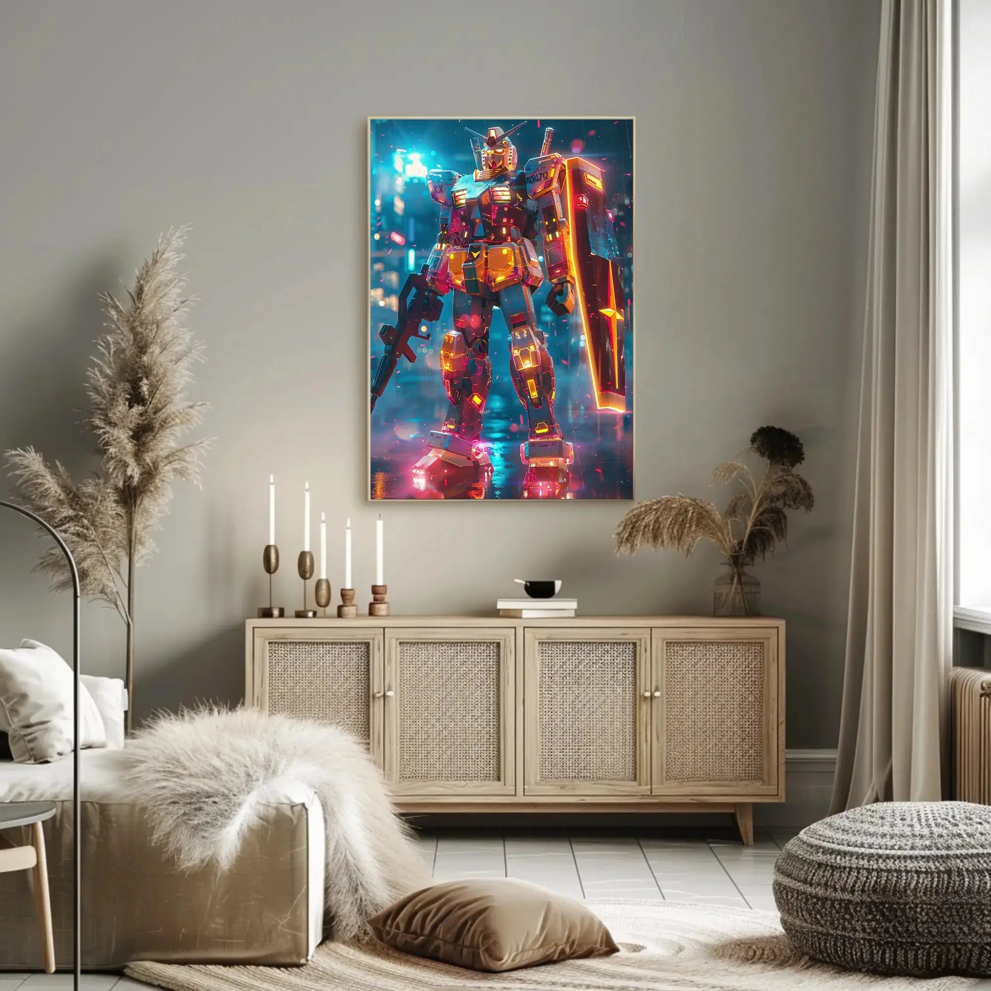RX-78-2 Mech in Cyberpunk City Futuristic Sci-Fi Poster PosterGoat