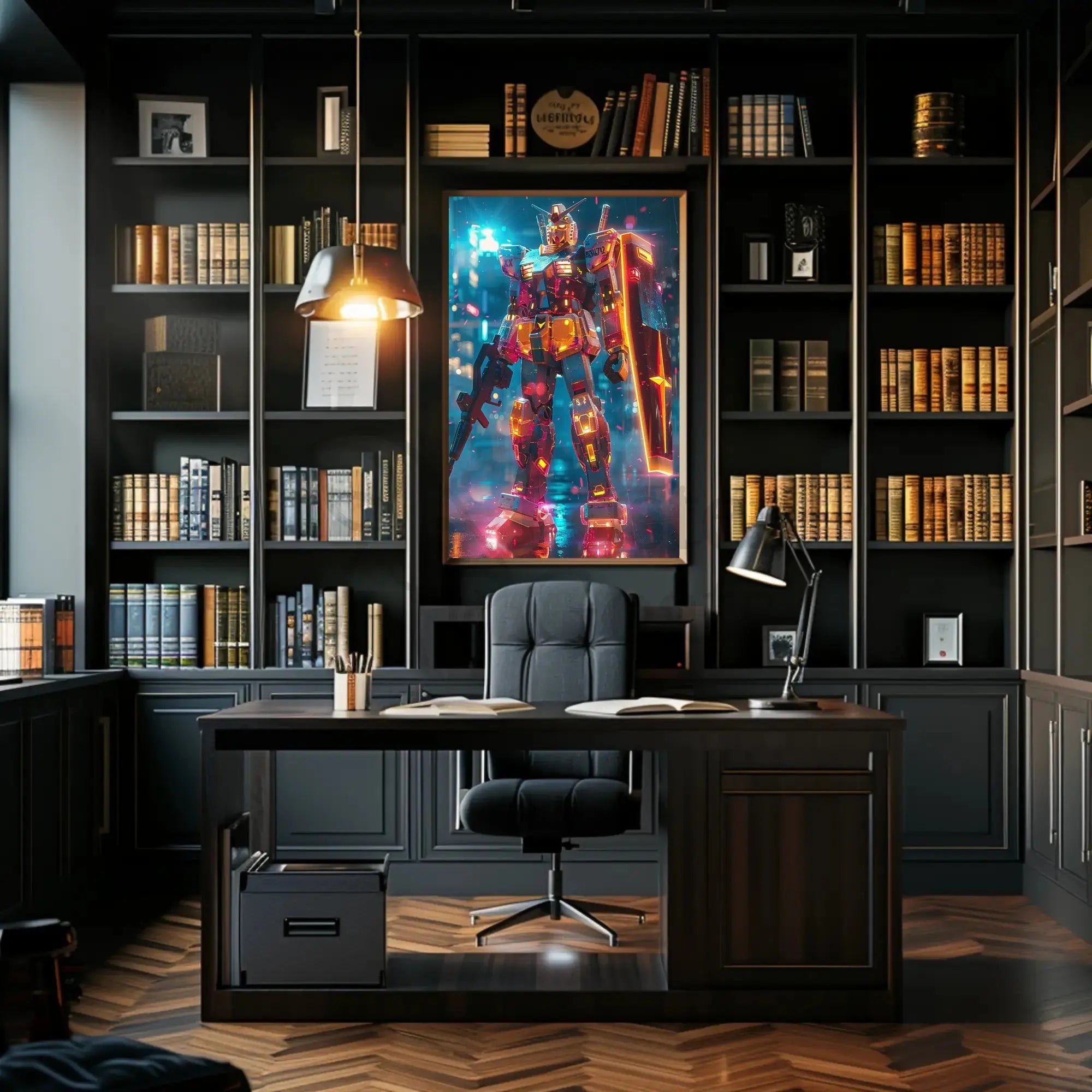 RX-78-2 Mech in Cyberpunk City Futuristic Sci-Fi Poster PosterGoat