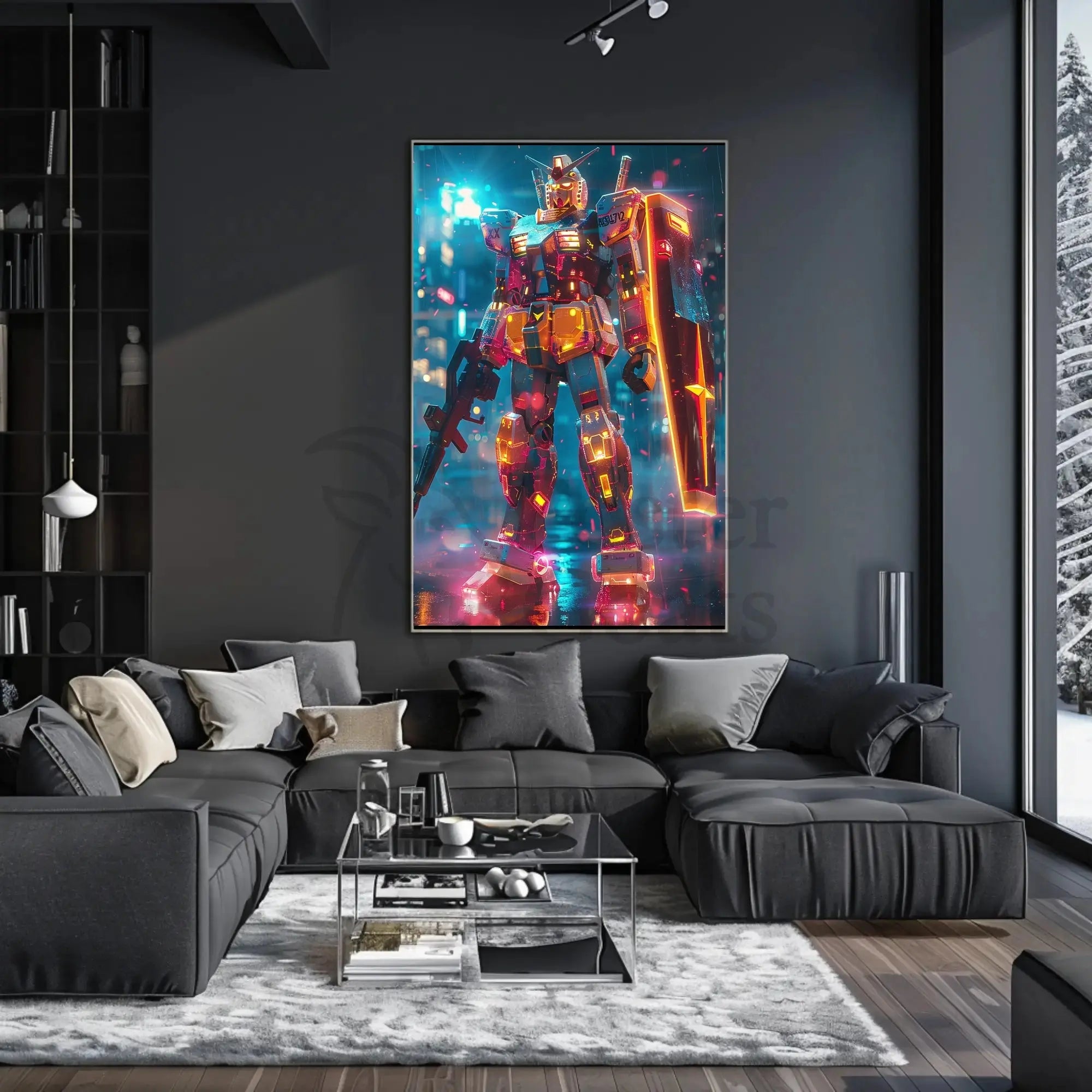 RX-78-2 Mech in Cyberpunk City Futuristic Sci-Fi Poster PosterGoat