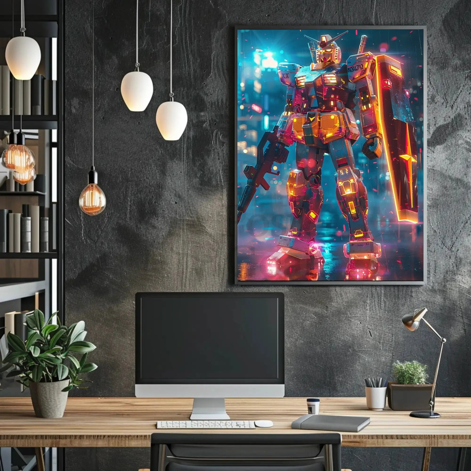 RX-78-2 Mech in Cyberpunk City Futuristic Sci-Fi Poster PosterGoat