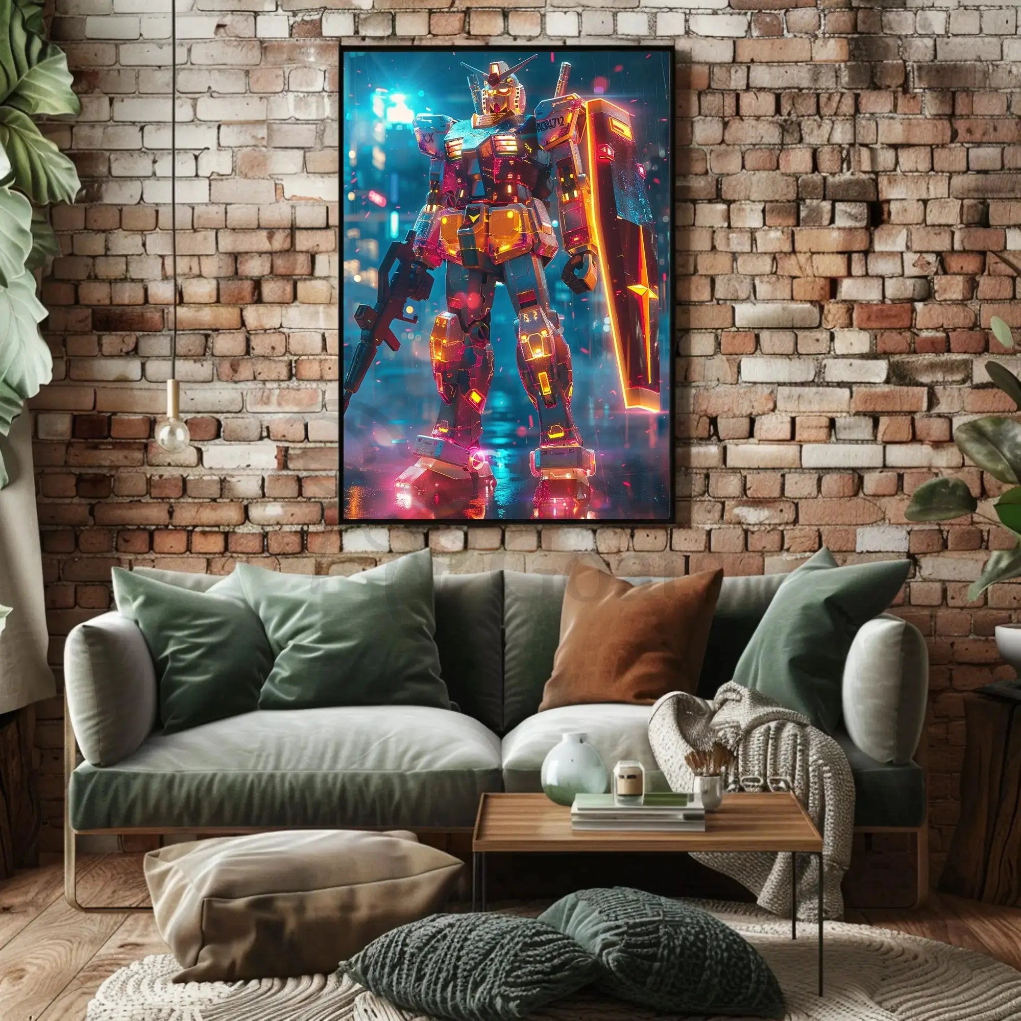 RX-78-2 Mech in Cyberpunk City Futuristic Sci-Fi Poster PosterGoat