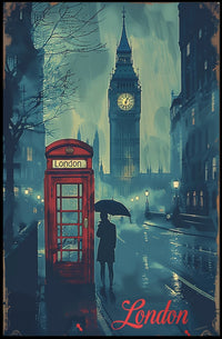 Rainy London Evening Red Phone Booth Urban or Cityscape Poster PosterGoat