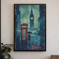 Rainy London Evening Red Phone Booth Urban or Cityscape Poster PosterGoat