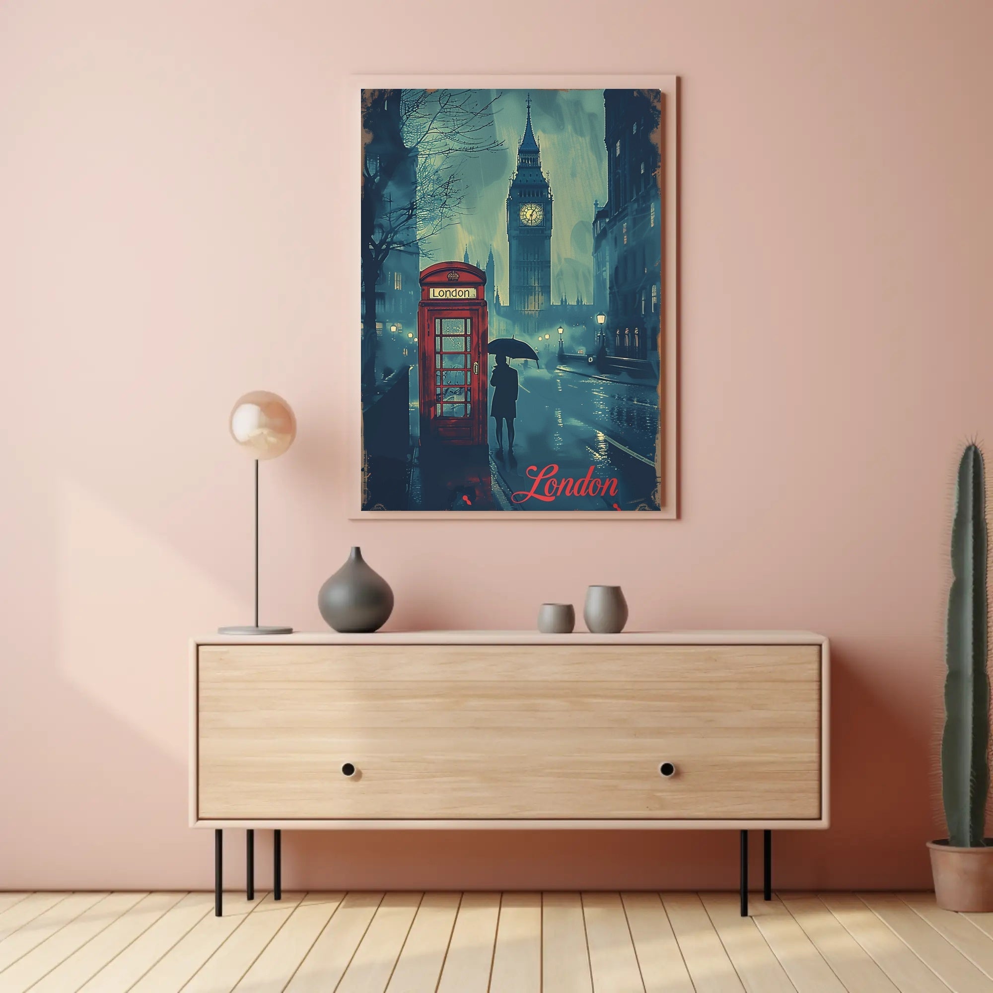 Rainy London Evening Red Phone Booth Urban or Cityscape Poster PosterGoat