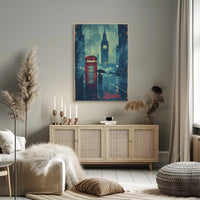 Rainy London Evening Red Phone Booth Urban or Cityscape Poster PosterGoat