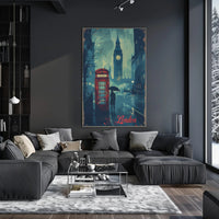 Rainy London Evening Red Phone Booth Urban or Cityscape Poster PosterGoat