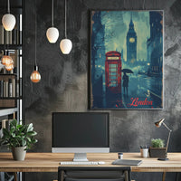 Rainy London Evening Red Phone Booth Urban or Cityscape Poster PosterGoat