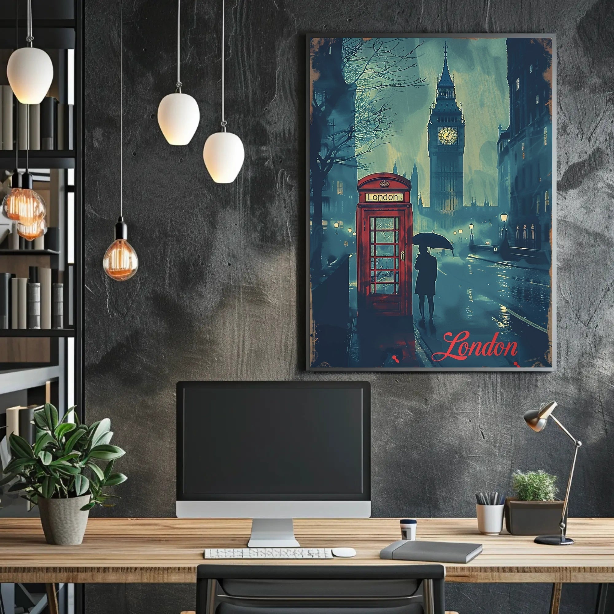 Rainy London Evening Red Phone Booth Urban or Cityscape Poster PosterGoat