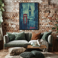 Rainy London Evening Red Phone Booth Urban or Cityscape Poster PosterGoat