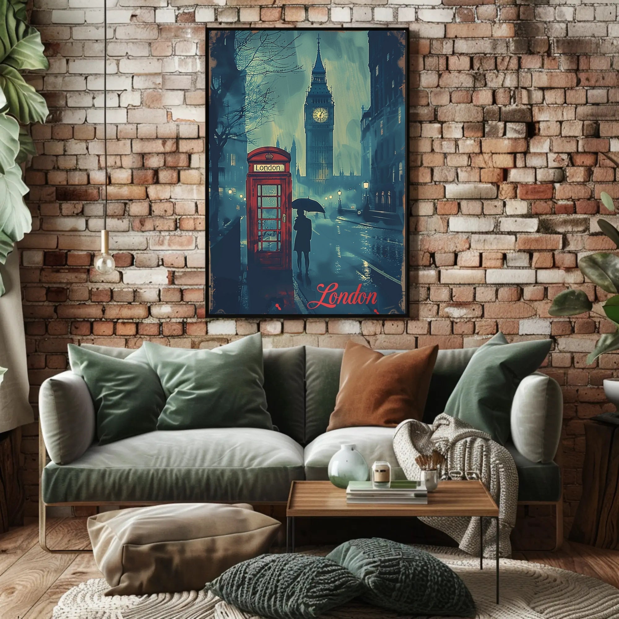 Rainy London Evening Red Phone Booth Urban or Cityscape Poster PosterGoat