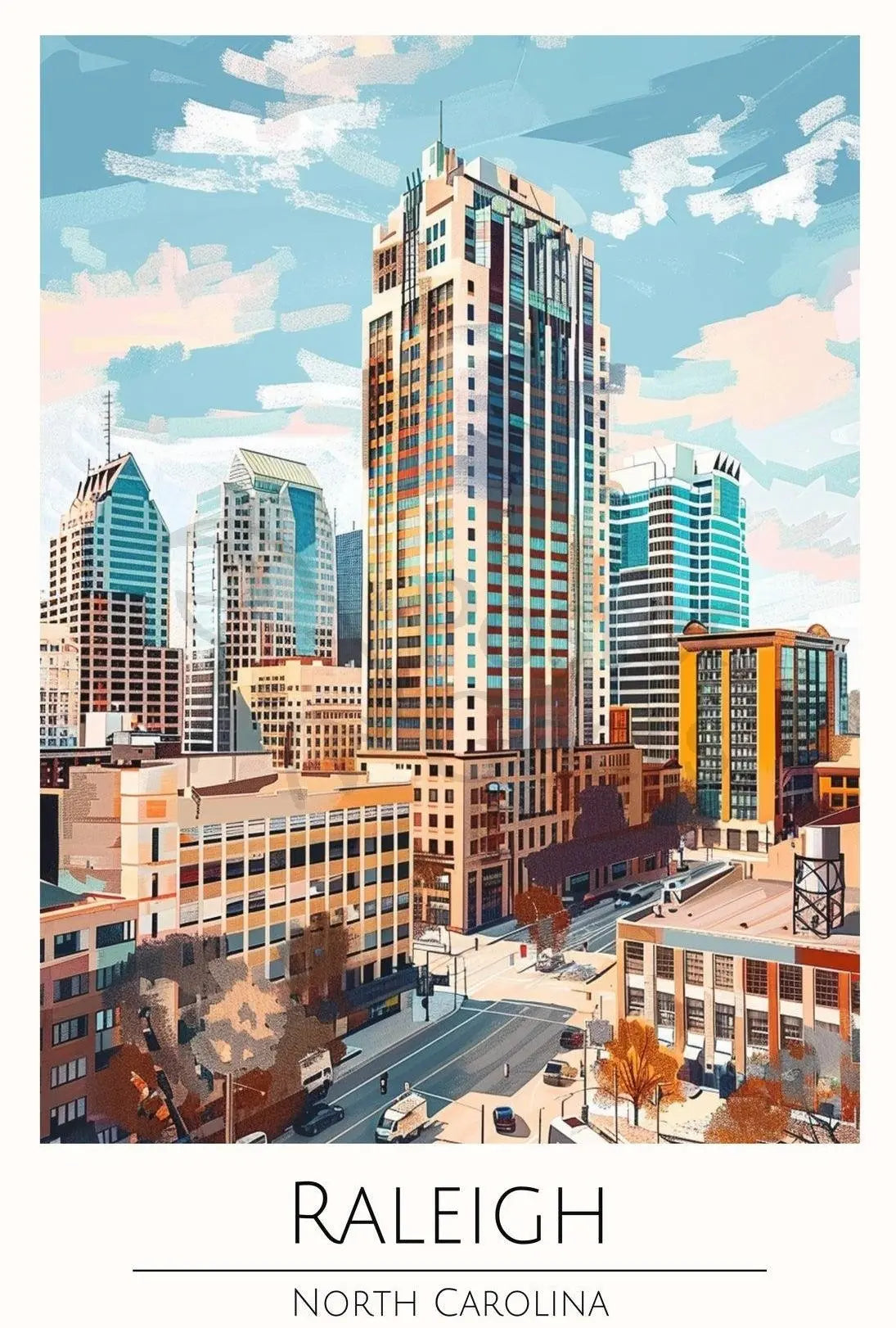 Raleigh Cityscape in Vibrant Painterly Style Travel Poster PosterGoat