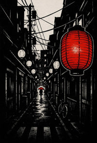 Red Lantern Hanging Over Narrow Alley Travel Poster Decor PosterGoat