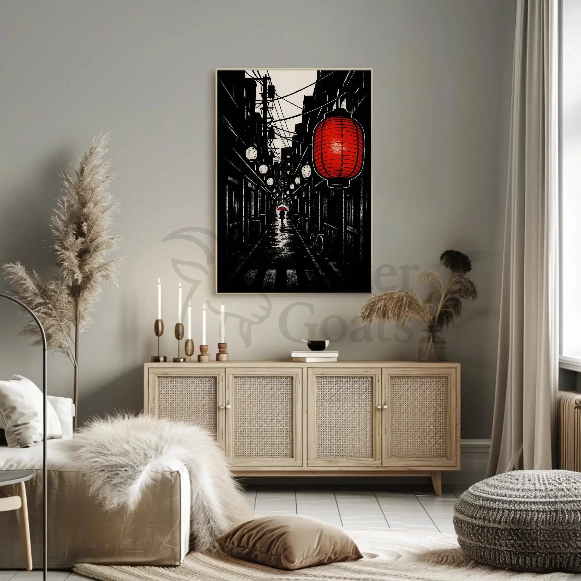 Red Lantern Hanging Over Narrow Alley Travel Poster Decor PosterGoat