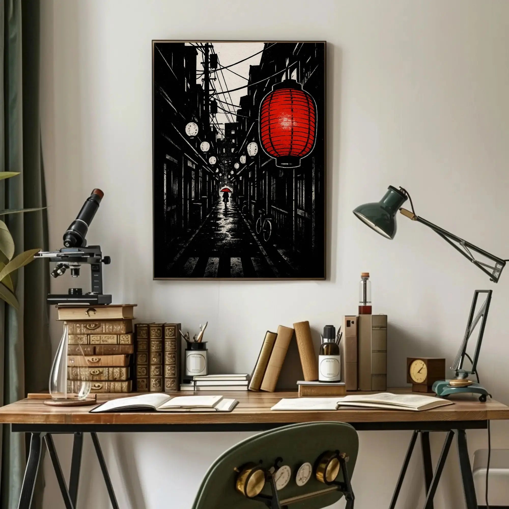 Red Lantern Hanging Over Narrow Alley Travel Poster Decor PosterGoat