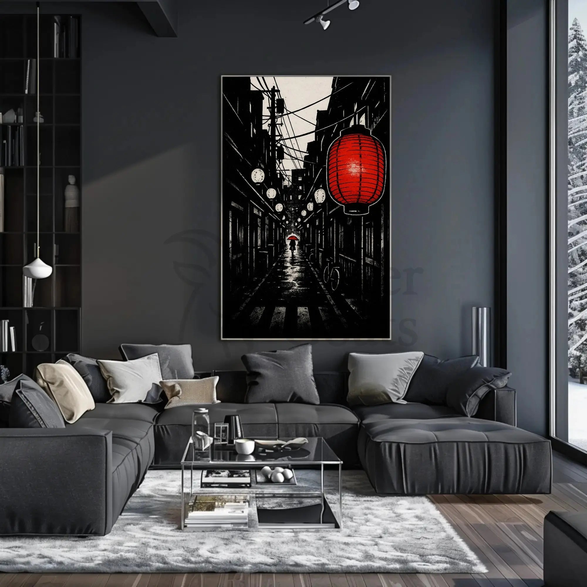 Red Lantern Hanging Over Narrow Alley Travel Poster Decor PosterGoat