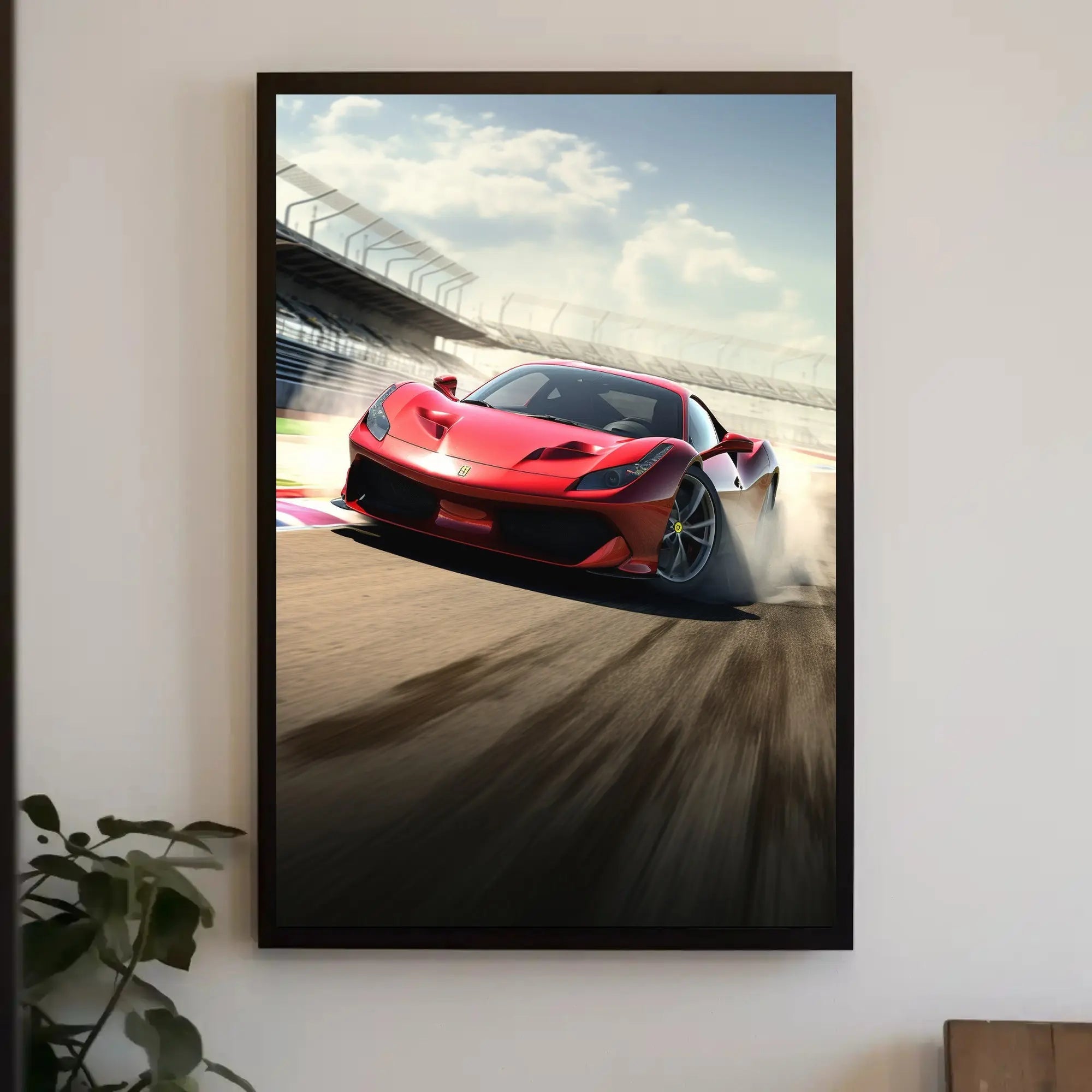 Red Sports Car Speeding on Track Sports Poster PosterGoat