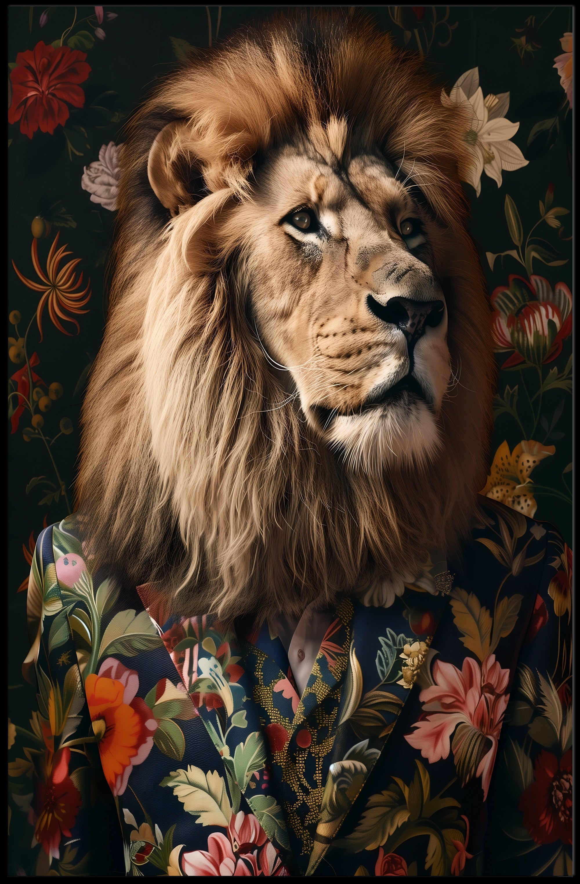 Regal Lion in Floral Suit: Artistic Animal Poster PosterGoat