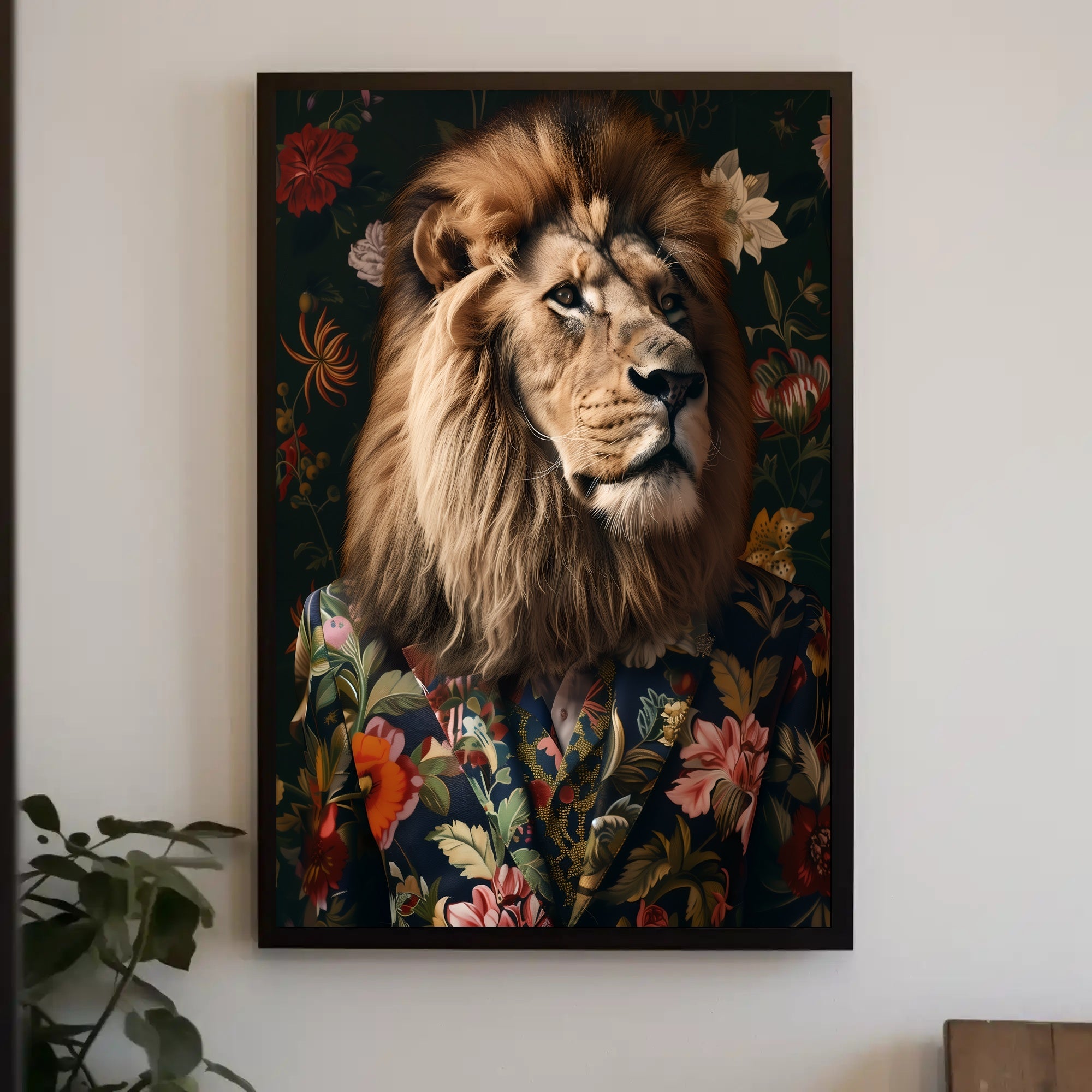 Regal Lion in Floral Suit: Artistic Animal Poster PosterGoat