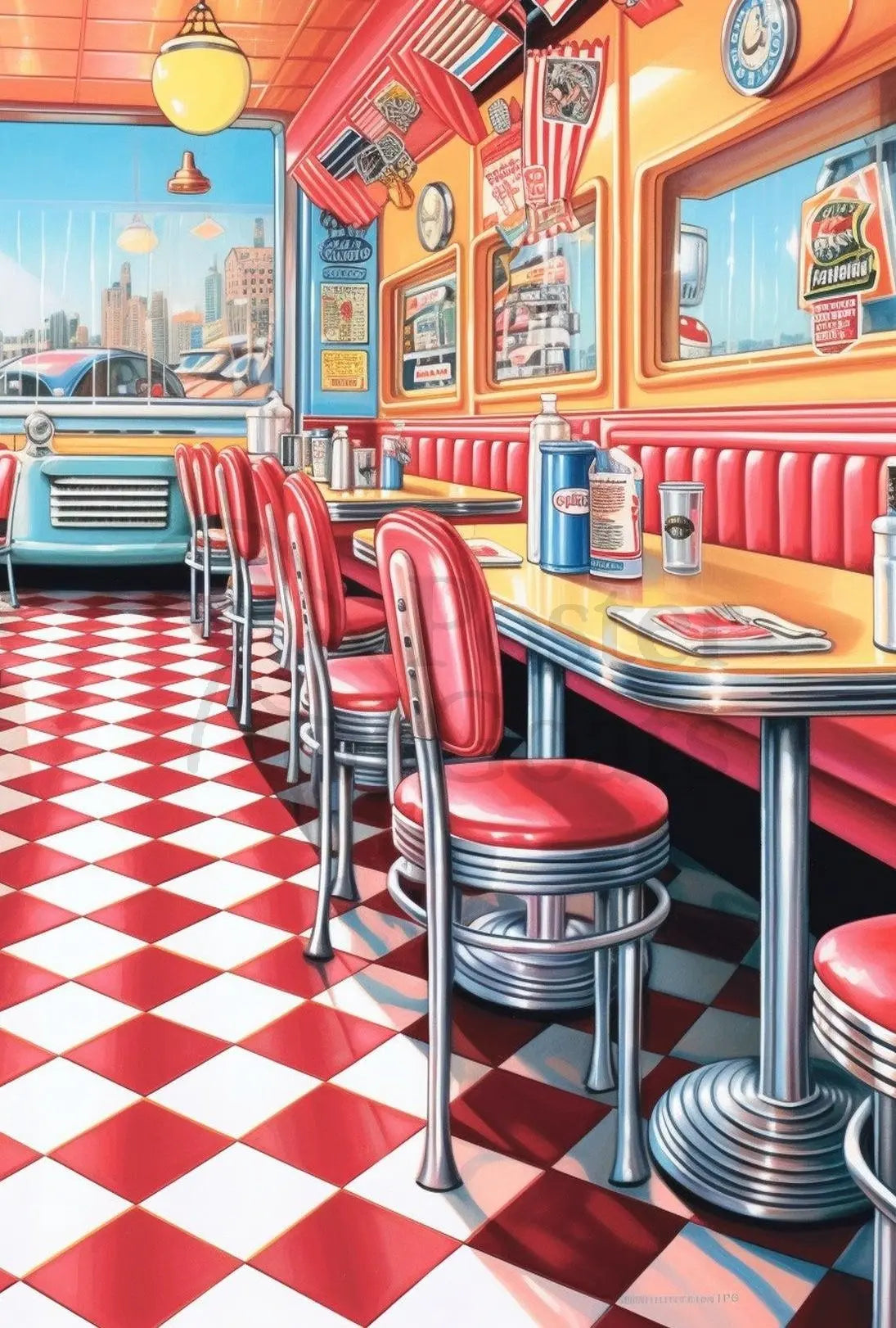 Retro American Diner Scene - Cultural or Heritage Poster PosterGoat