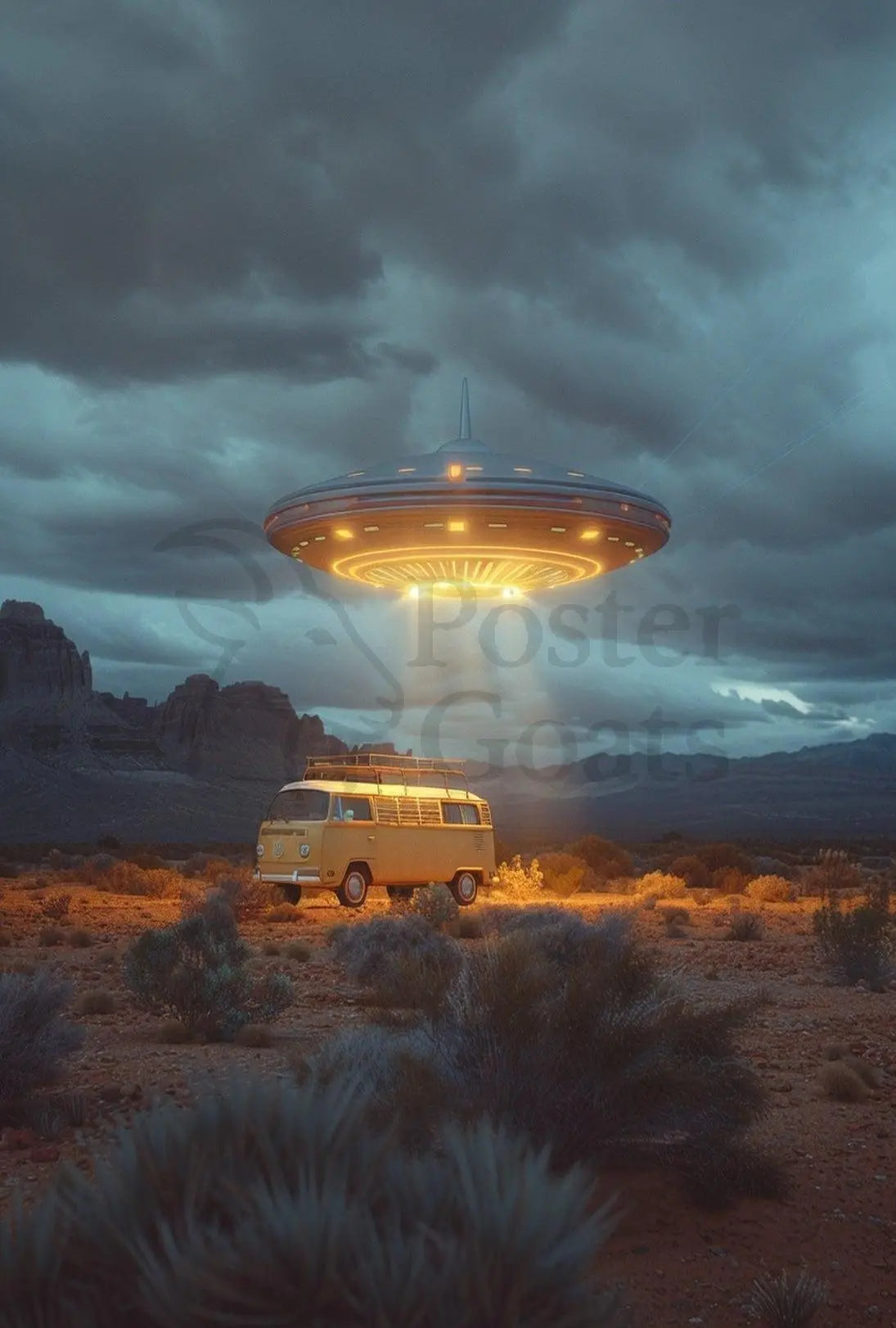 Retro Desert UFO Van Encounter Futuristic Sci-Fi Poster PosterGoat
