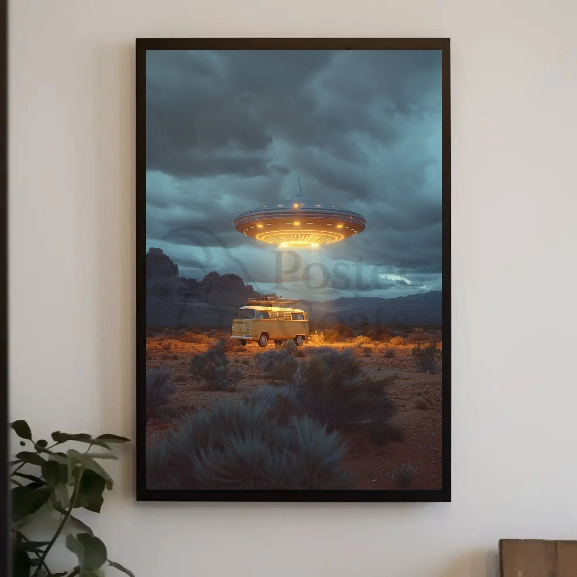 Retro Desert UFO Van Encounter Futuristic Sci-Fi Poster PosterGoat