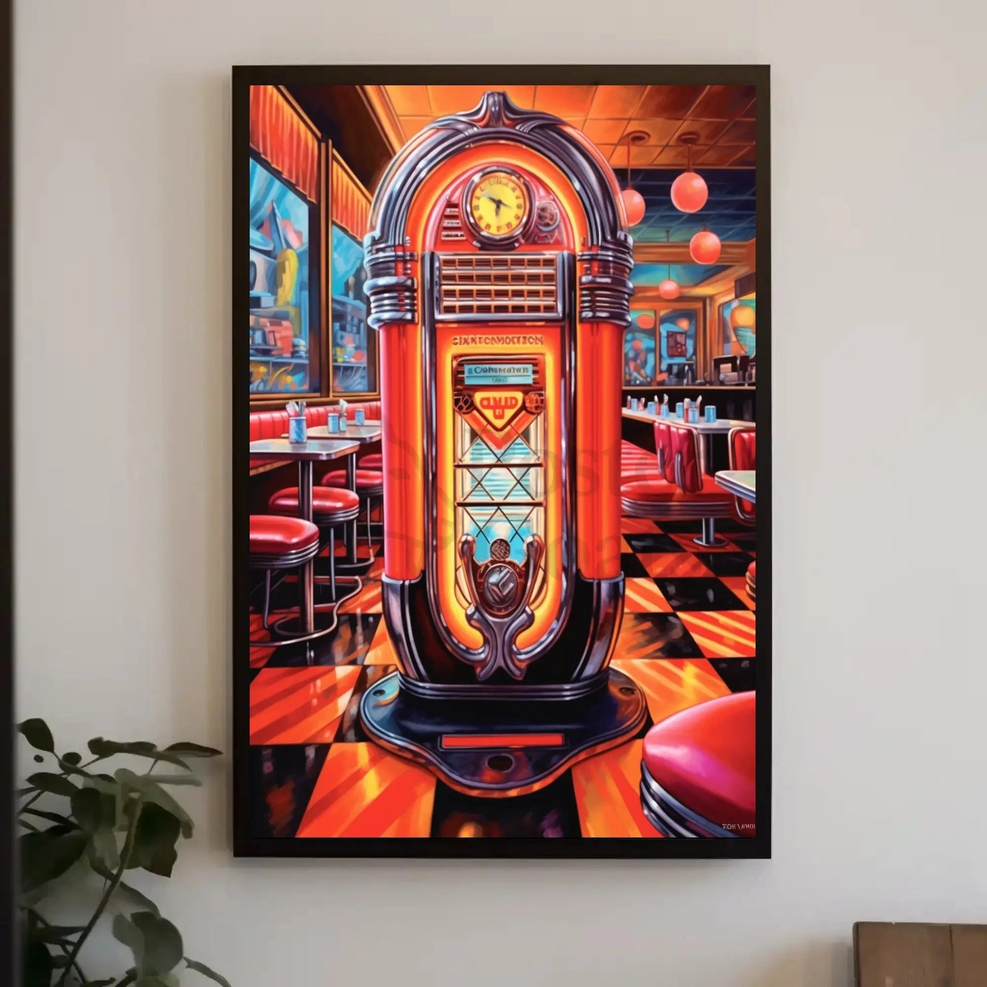 Retro Diner Jukebox Scene in Pop Culture Poster PosterGoat