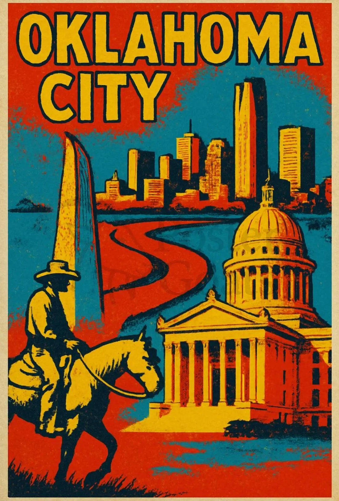 Retro Oklahoma City Cowboy Skyline Cultural Heritage Poster PosterGoat