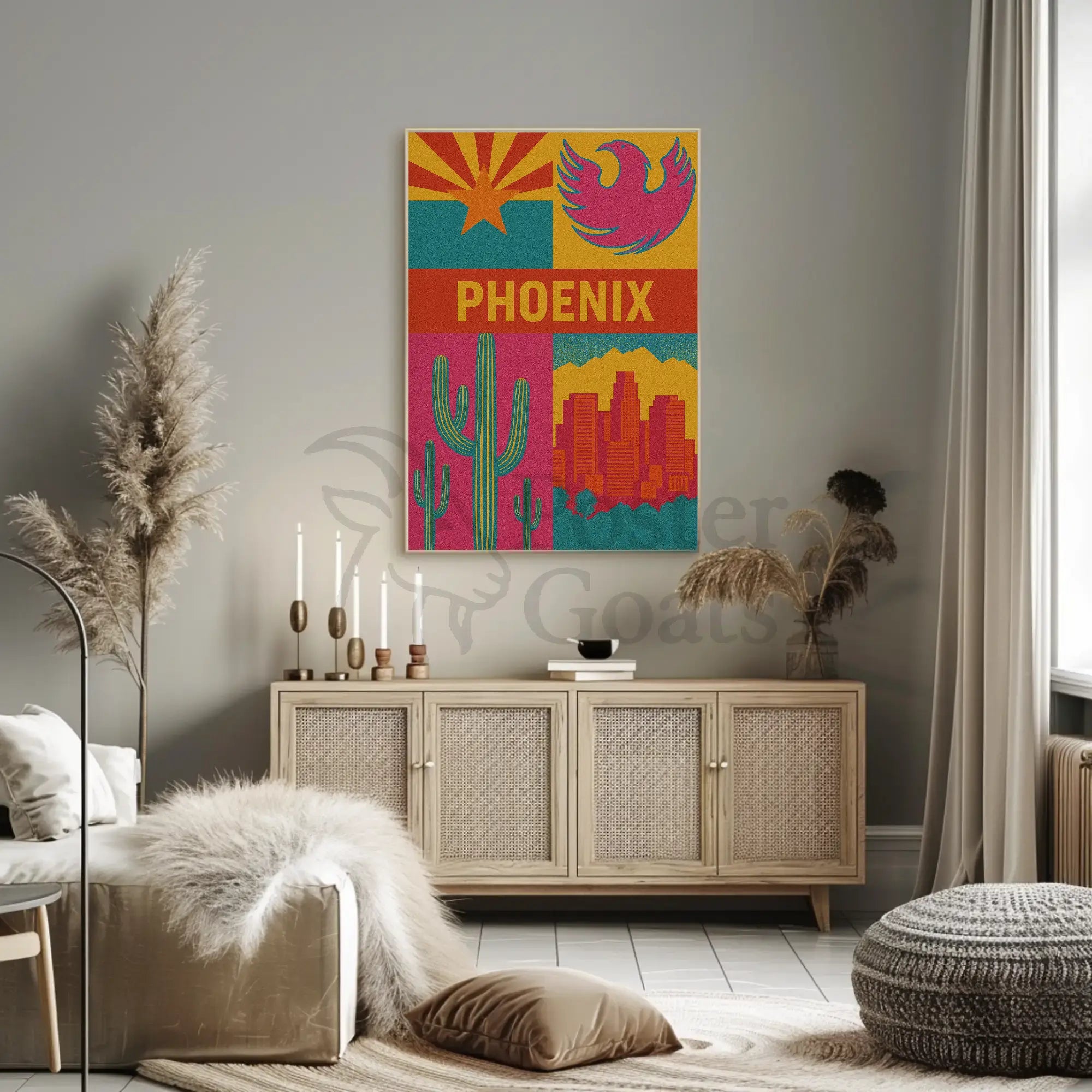 Retro Phoenix Cityscape with Cactus Travel Poster PosterGoat