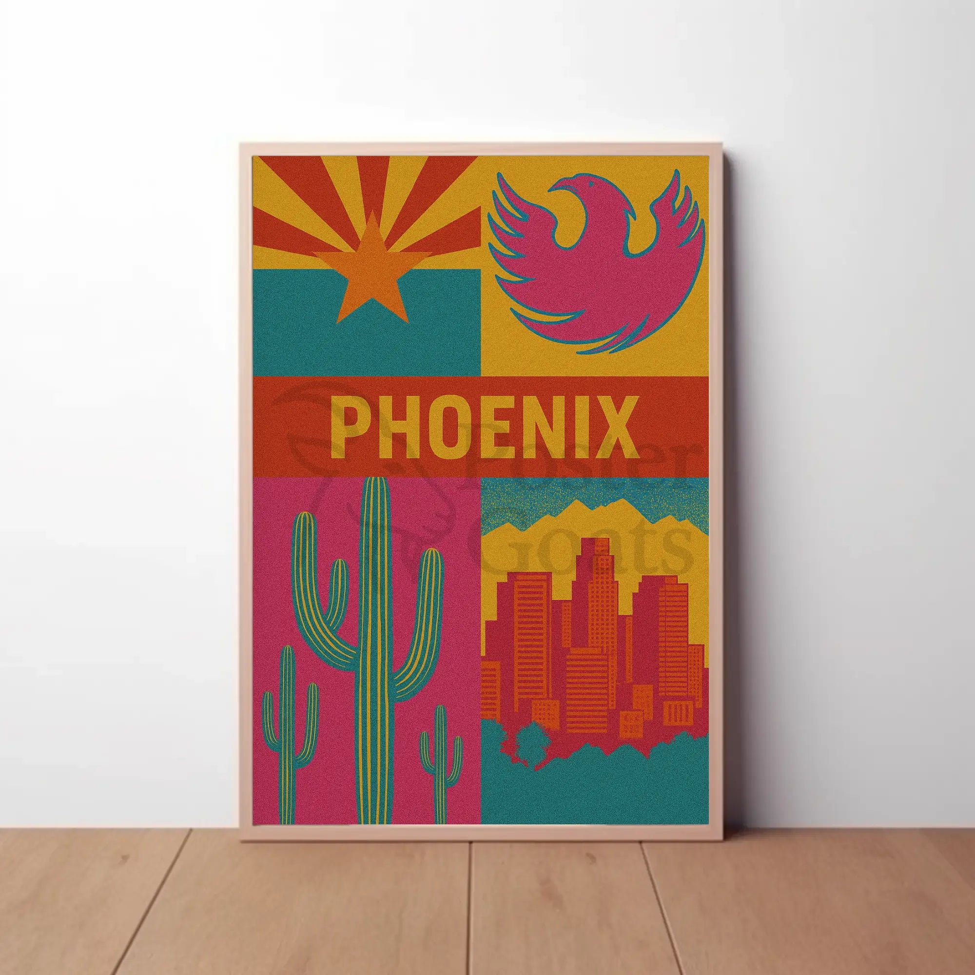 Retro Phoenix Cityscape with Cactus Travel Poster PosterGoat