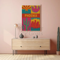Retro Phoenix Cityscape with Cactus Travel Poster PosterGoat