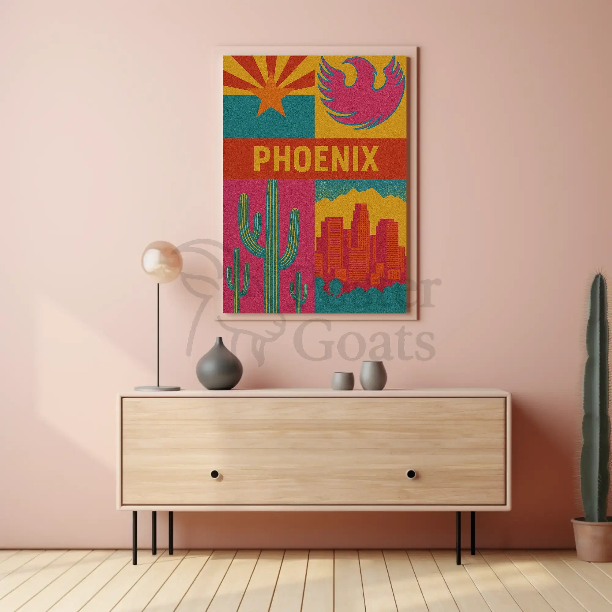 Retro Phoenix Cityscape with Cactus Travel Poster PosterGoat